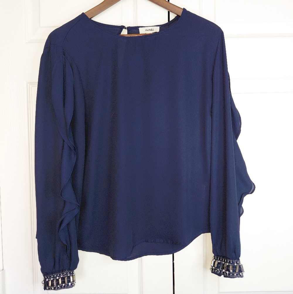 meraki Navy Ruffle-Sleeve Blouse with Beaded Cuffs Size L